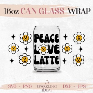 Peace Love Latte Can Glass SVG 16oz, Retro Groovy Flowers Wrap Svg, Vintage Text Cup Wrap, Mickey Flower Svg, Vintage Groovy Svg, Mouse Flower Smiley SVG