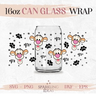 Tigger Face Can glass SVG 16oz, Tigger Pooh Friends Libbey Glass Svg, Tigger Inspired Wrap Svg