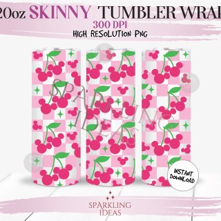 20 oz Skinny Tumbler Checkered Mickey Cherries Wrap, Mouse Cherry Tumbler, Magical World Digital PNG Sublimation