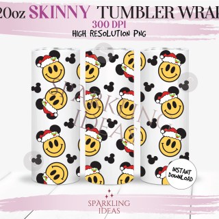 20 oz Skinny Tumbler Retro Smiley Mouse Ears Wrap, Groovy Christmas Hat Mouse Tumbler, Christmas Magical World Digital PNG Sublimation