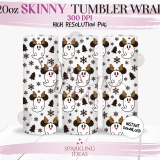20 oz Skinny Tumbler Mickey Ghost Reindeer Wrap, Mouse Ghost Christmas Tumbler, Magical Christmas Inspired Digital png Sublimation