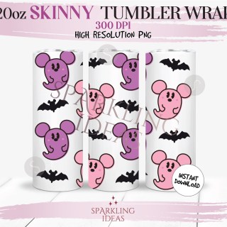 20 oz Skinny Tumbler Cute Mickey Ghost Wrap, Mouse Halloween Tumbler, Pink Mouse Halloween Digital PNG Sublimation