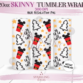 20 oz Skinny Tumbler Fa La La La Latte Wrap, Mouse Ears Christmas Latte Tumbler png, Magical Christmas Inspired Digital png Sublimation