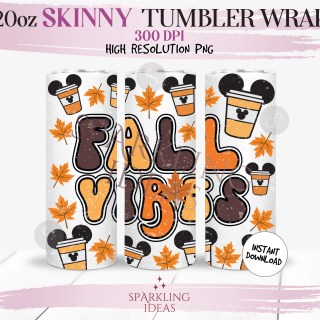 20 oz Skinny Tumbler Fall Vibes Wrap, Fall Coffee Tumbler, Autumn Leaves Mouse Ears Digital PNG Sublimation