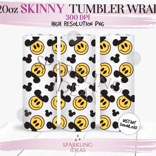 20 oz Happy Face Ears Tumbler Wrap, Retro Smiley Ears Tumbler png, Retro Groovy Mouse Ears Digital png Sublimation
