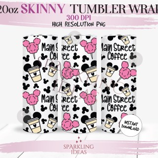 20 oz Skinny Tumbler Main Street Coffee Wrap, Magical Place Tumbler, Cotton Candy Digital PNG Sublimation