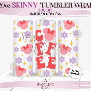 20 oz Skinny Tumbler Coffee Retro Minnie Ears Wrap, Retro Letters Tumbler, Magical Coffee Digital PNG Sublimation