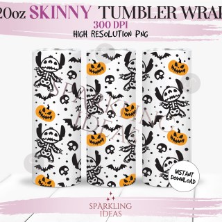 20 oz Skinny Tumbler Skeleton Stitch Wrap, Spooky Stitch Tumbler png, Stitch Halloween Digital png Sublimation