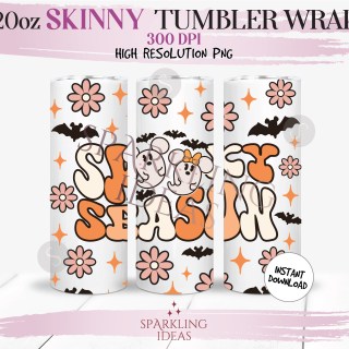 20 oz Skinny Tumbler Spooky Season Wrap, Mouse Ghosts Tumbler, Retro Mickey Halloween Digital PNG Sublimation