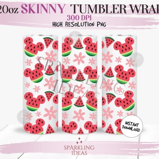 20 oz Skinny Tumbler Mickey Watermelon Ears Wrap, Summer Mouse Ears Tumbler png, Mouse Fruit Ears Digital png Sublimation