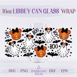 Minnie Pumpkins Halloween Can Glass 16oz SVG, Boo Halloween Coffee Cup Svg, Minnie Ghost Halloween Mouse Wrap svg