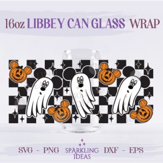 Checkered Mickey Ghost Halloween Can Glass 16oz SVG, Mickey Halloween Coffee Cup Svg, Ghost Halloween Mouse Wrap svg