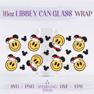 Smiley Mickey Ears 16oz Can Glass SVG, Christmas Mickey Happy Face Libbey Glass Wrap, Groovy Christmas Glass Svg, Magical Christmas Wrap Svg