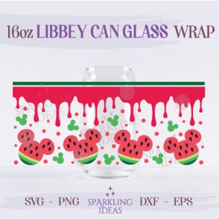 Watermelon  Drip Can Glas 16oz Can wrap SVG, Watermelon Mickey Ears Libbey Svg, Summer Fruit Mouse Head Ears Svg, Fruit Mouse Head Inspired Wrap Svg