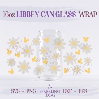 Daisy Mouse Can Glass 16oz SVG, Mouse Flowers Ears Libbey Svg, Flowers Mouse Head Ears Svg