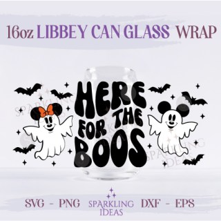 Here for the Boos Can Glass 16oz SVG, Mouse Ghost Halloween Ears Libbey Glass Svg, Magical Halloween Wrap Svg