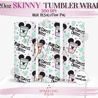 20 oz Skinny Tumbler Coffee Mickey Ears Wrap, Main Street Tumbler, Love Coffee Digital PNG Sublimation