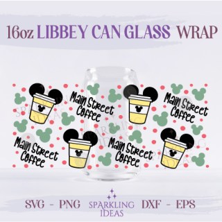 Main Street Coffee Ears Can Glass 16oz, Love Coffee Libbey Glass Svg, Mouse Coffee Cup Ears Wrap Svg