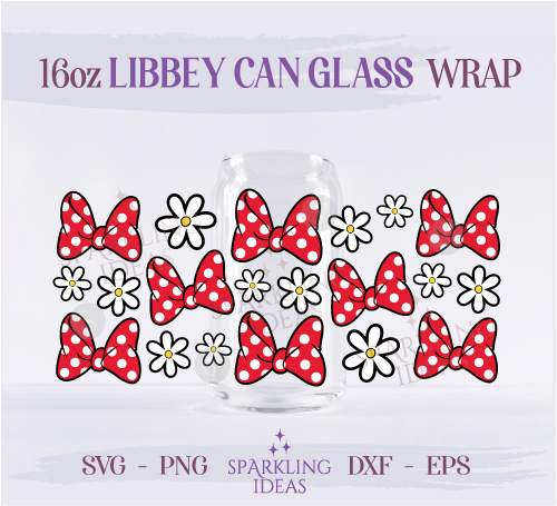 Minnie Bow Can Glass 16oz SVG, Daisies Libbey Glass Svg, Mouse Ears Inspired Wrap Svg, Mouse Flowers Ears Libbey Svg