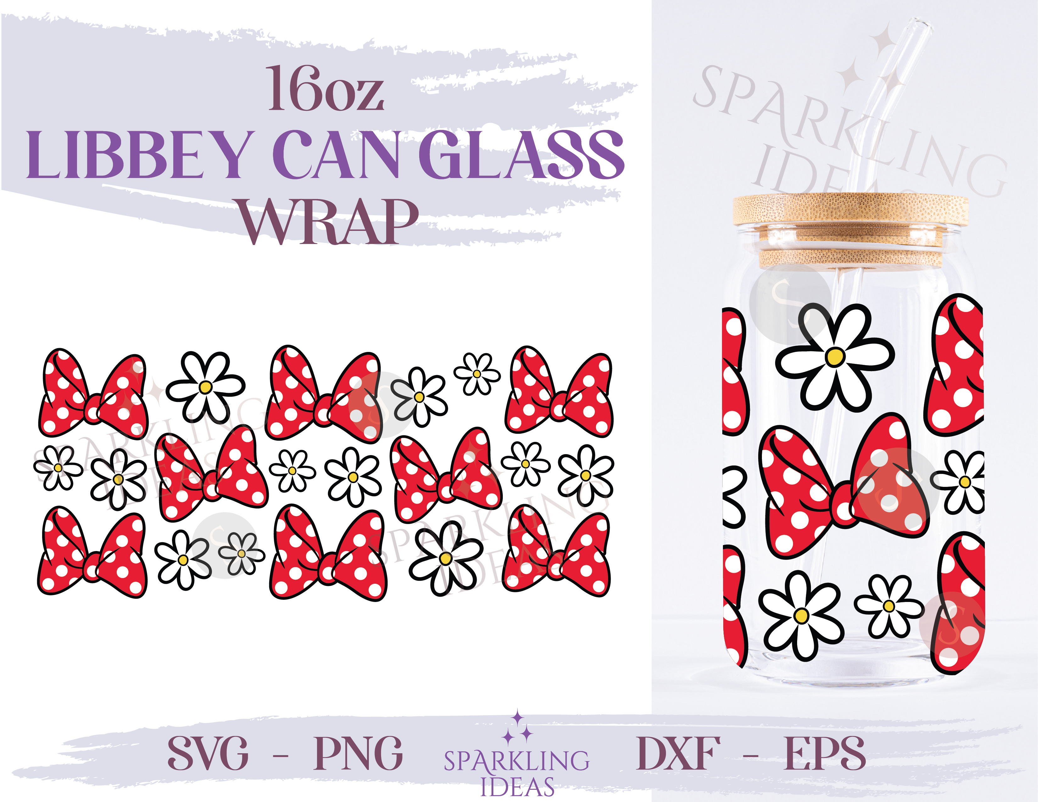 Minnie Bow Can Glass 16oz SVG, Daisies Libbey Glass Svg, Mouse Ears Inspired Wrap Svg, Mouse Flowers Ears Libbey Svg - Image 2