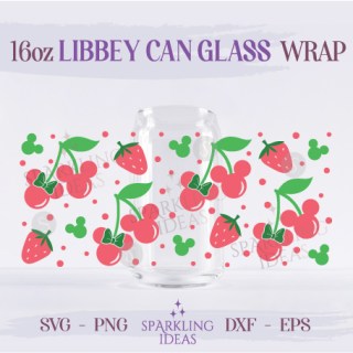 Minnie Cherry and Strawberry LIBBEY Can glass SVG 16oz, Mouse Fruit Libbey Glass Svg, Fruit Mouse Head Inspired Wrap Svg