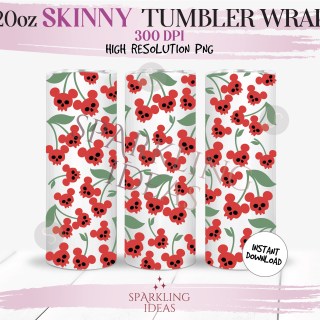 20 oz Skinny Tumbler Mickey Cherry Skulls Wrap, Mouse Halloween Tumbler, Skull Cherry Digital PNG Sublimation