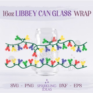 Mickey Christmas Lights Can Glass 16oz SVG, Christmas Lights String Libbey Glass Svg, Magical Christmas Wrap Svg