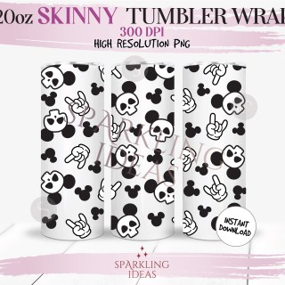 20 oz Skinny Tumbler Mickey Skulls Wrap, Mouse Halloween Tumbler, Skull Mouse Ears Digital PNG Sublimation