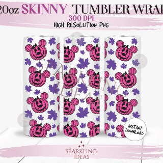 20 oz Skinny Tumbler Pink Mickey Pumpkins Wrap, Mickey Fall Tumbler, Fall Leaves Digital PNG Sublimation