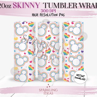 20 oz Skinny Tumbler Rainbow Mickey Ears Wrap, Mouse Ears Tumbler, Rainbow Hearts Digital PNG Sublimation