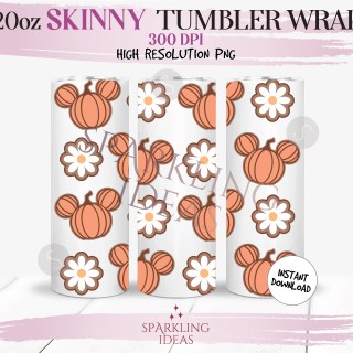 20 oz Skinny Tumbler Pumpkins Ears with Flowers Wrap, Retro Mouse Fall Tumbler, Groovy Flowers Digital PNG Sublimation