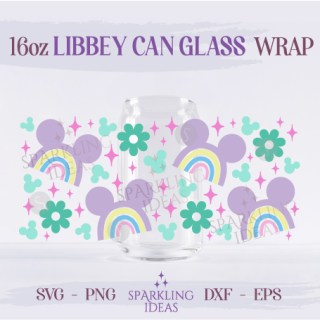 Rainbow Mickey Ears Can Glass 16oz SVG, Mouse Rainbow Libbey Glass Svg, Retro Mouse Inspired Wrap Svg
