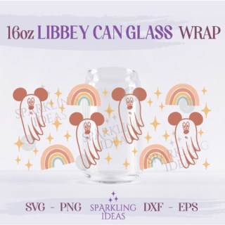 Rainbow Mouse Ears Can Glass SVG 16oz, Mouse Ghost Libbey Glass Svg, Retro Mouse Halloween Inspired Wrap Svg