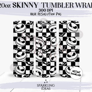 20oz Skinny Tumbler Checkered Jack Wrap, Nightmare Before Christmas Tumbler, Jack Skellington Digital PNG Sublimation