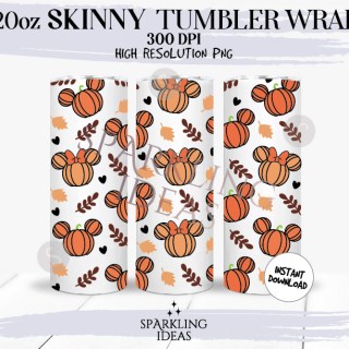 20oz Skinny Tumbler Mickey Pumpkins Fall Wrap, Thankful Mouse Ears Tumbler, Autumn Leaves Digital PNG Sublimation