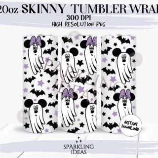 20oz Skinny Tumbler Minnie Ghost Wrap, Spooky Ghost Mouse Tumbler, Magical Halloween Digital PNG Sublimation