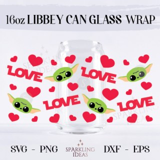 Baby Yoda Valentine LIBBEY Can glass wrap SVG 16oz, Valentines Libbey Glass Svg, Love Baby Yoda Wrap svg, Mouse Valentine's day svg
