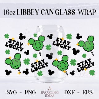Stay Lucky Can glass wrap SVG 16oz, Patrick's Day SVG, St Patrick's Day Cartoon 16oz Libbey Glass Can Wrap Png, Lucky Mouse Coffee 16oz Glass Can Wrap Png